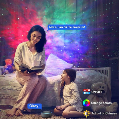 A woman and a girl sitting in a bedroom with a Soulful Trading galaxy projector on, reading a book together, next to a voice assistant device.