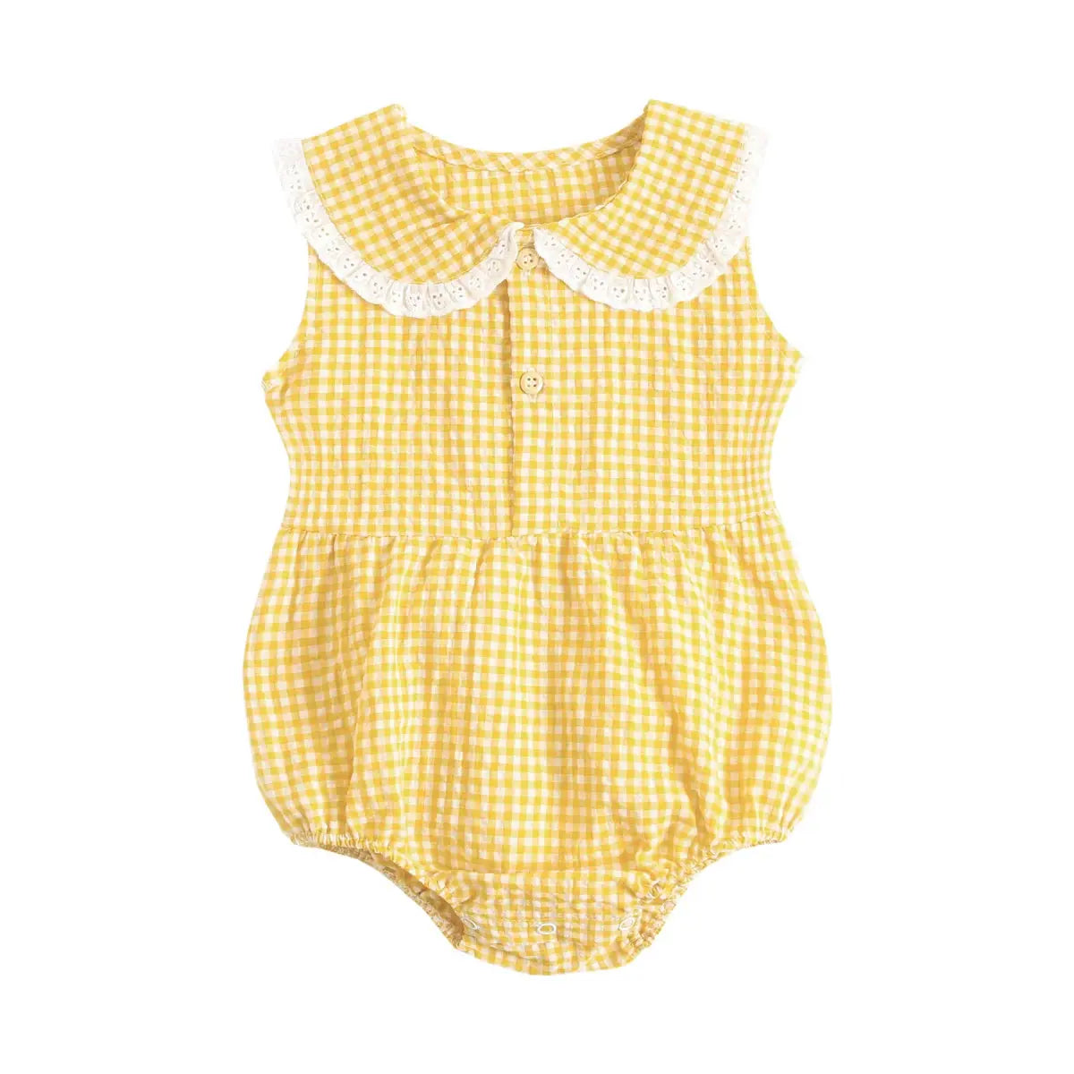 Spring &amp; Summer Baby Onesie by Soulful Trading, yellow and white gingham with a lace collar and button detail, isolated on a white background.