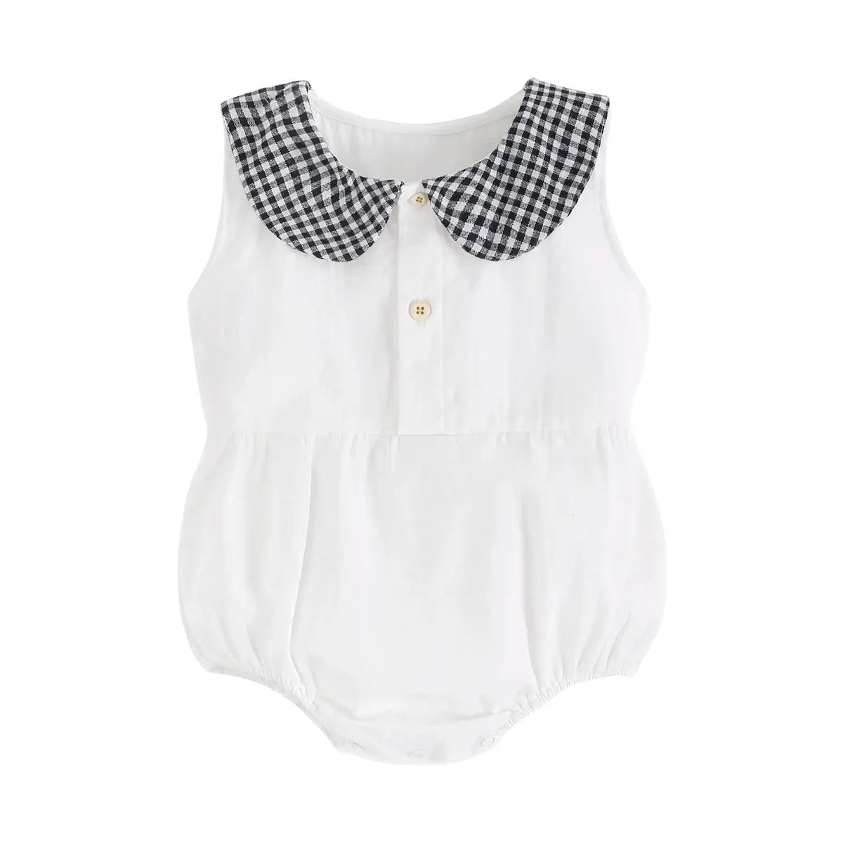 White sleeveless Spring &amp; Summer Baby Onesie with a black and white gingham collar and front button by Soulful Trading.