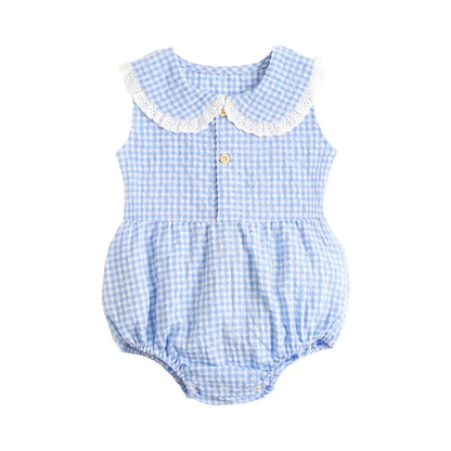 Blue and white gingham Spring &amp; Summer Baby Onesie with a lace collar and button closure, displayed on a white background by Soulful Trading.