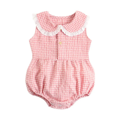 Pink and white gingham Spring &amp; Summer Baby Onesie by Soulful Trading with a large, lace-trimmed collar and a single yellow button at the chest.