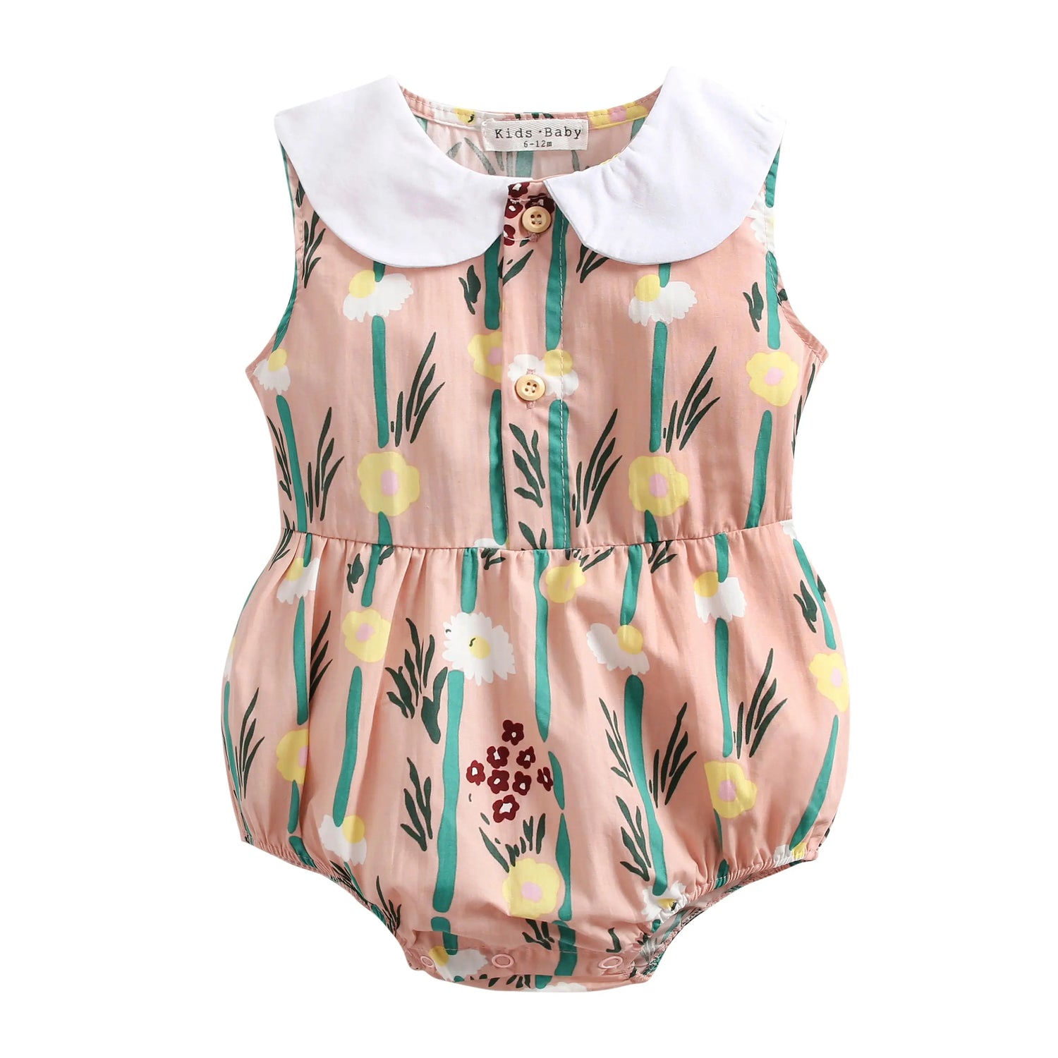 Spring &amp; Summer Baby Onesie by Soulful Trading, with a floral pattern and a white collar, displayed on a white background.