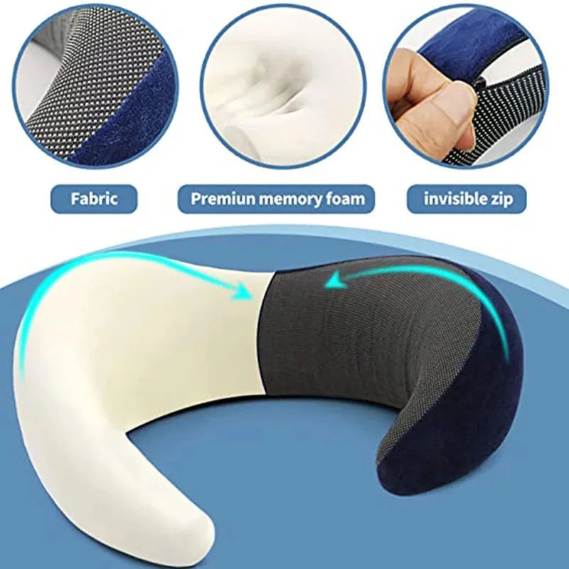 Circular image highlighting features of a Soulful Trading Vertebra Cervical Neck Pillow, showing close-ups of its fabric, memory foam, and invisible zipper.
