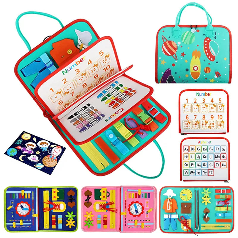 A colorful educational toy set featuring numbers, clocks, and a Soulful Trading Montessori Sensory Board, designed as a portable carry case.