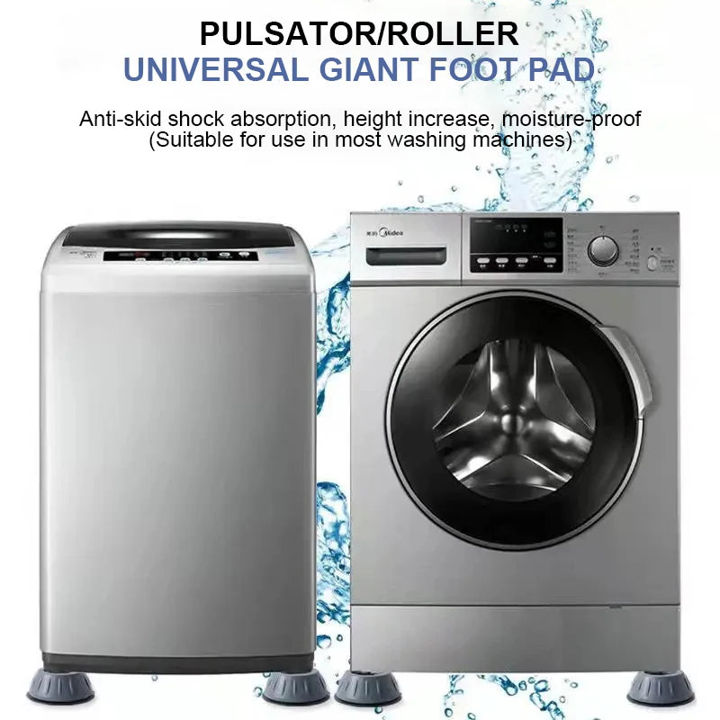 Two washing machines on large blue Soulful Trading Anti Vibration Non Slip Pads, one top-loading and one front-loading, advertised as shock absorbent and moisture-proof.