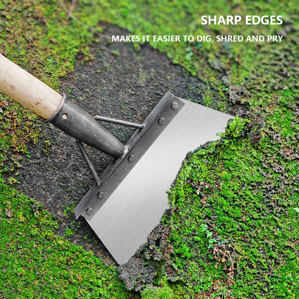 A Soulful Trading Flat Head Garden Cleaning Shovel with a sharp, flat metal blade attached to a wooden handle, embedded in soil, labeled &quot;sharp edges&quot; to highlight its functionality for digging and weed removal.