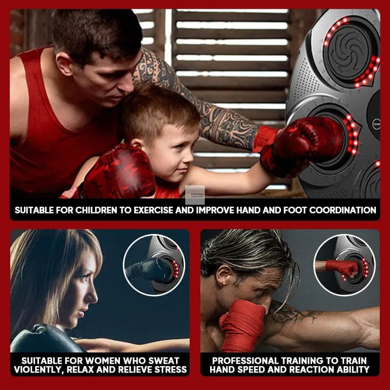 Four images depicting individuals using the Soulful Trading Music Boxing Machine for a stress-relief experience: a man with a child, a focused woman, a man resting, and a close-up of the target in use. Text promotes