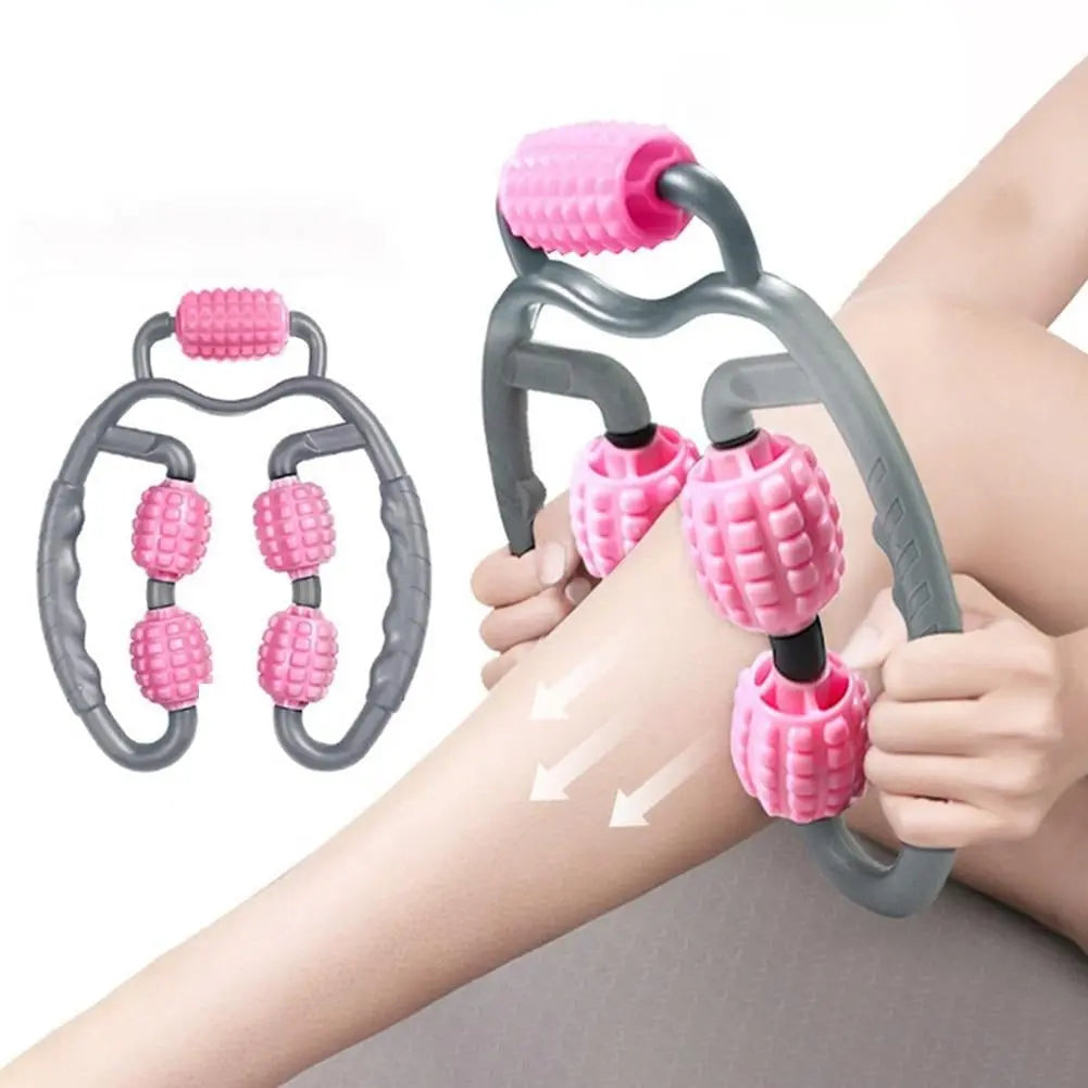 A Fitness-8 Trigger Point Massage Roller with multiple pink nodes being demonstrated on a person&