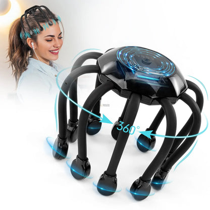 A woman smiling while using a Soulful Trading Ultra Scalp Massager with multiple legs and glowing blue accents.