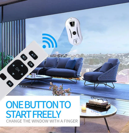 An advertisement showing a Soulful Trading Robotic Window Cleaner next to an image of a modern living room with large windows overlooking a cityscape, promoting an automatic window cleaner.