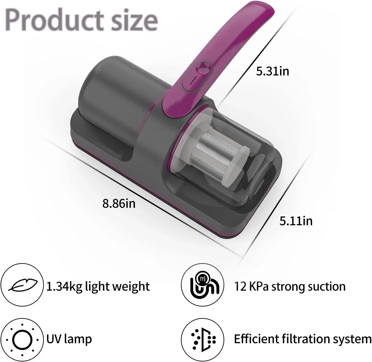 An illustration of the Soulful Trading 10000Pa High Frequency Vacuum Cleaner with a UV lamp, highlighting its dimensions, lightweight design, and strong suction feature.