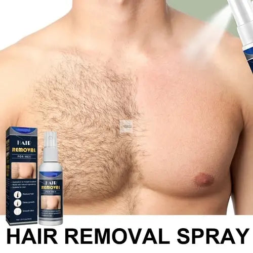 Hair removal spray product advertisement, featuring a close-up of a man&